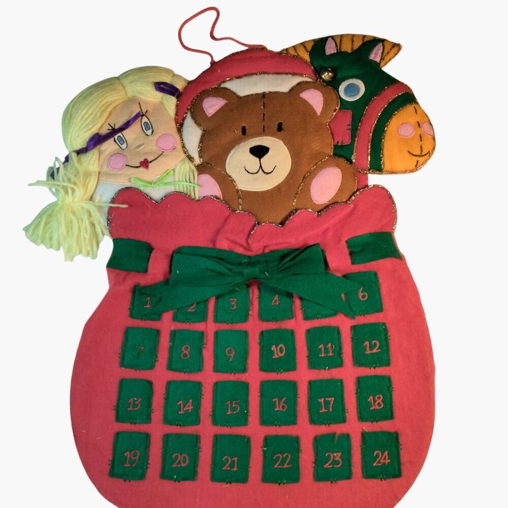 Vintage Felt Christmas Advent Calendar Wall Hanging Toy Horse Bear Doll